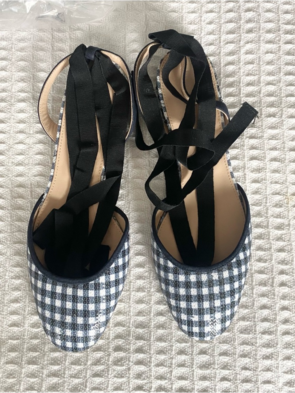 J. Crew gingham ankle wrap flats navy size 10 NIB